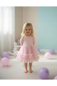 penu baby kids Pink Hemline, 2 Layers Ruffle Detailed Long Sleeve Girl's Dress - Image 3