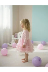 penu baby kids Pink Hemline, 2 Layers Ruffle Detailed Long Sleeve Girl's Dress - Image 4
