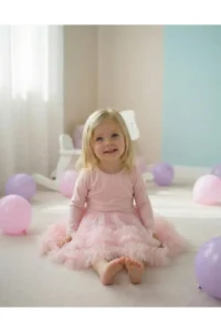 penu baby kids Pink Hemline, 2 Layers Ruffle Detailed Long Sleeve Girl's Dress - Image 5