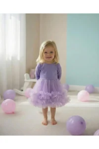 penu baby kids Lilac Skirt 2 Layers Ruffle Detailed Long Sleeve Girl's Dress - Image 3