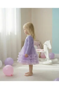 penu baby kids Lilac Skirt 2 Layers Ruffle Detailed Long Sleeve Girl's Dress - Image 4