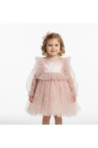 penu baby kids Powder Long Tulle Sleeve Star Patterned Ruffle Sleeve Baby Girl Dress