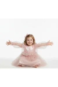 penu baby kids Powder Long Tulle Sleeve Star Patterned Ruffle Sleeve Baby Girl Dress - Image 2