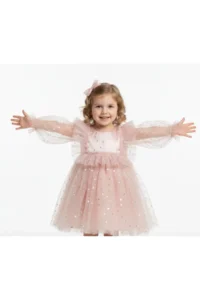 penu baby kids Powder Long Tulle Sleeve Star Patterned Ruffle Sleeve Baby Girl Dress - Image 3