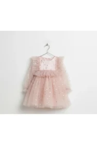 penu baby kids Powder Long Tulle Sleeve Star Patterned Ruffle Sleeve Baby Girl Dress - Image 4