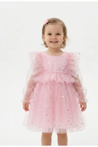 penu baby kids Pink Long Tulle Sleeve Star Patterned Ruffle Sleeve Baby Girl Dress