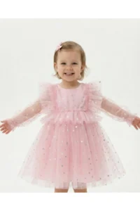 penu baby kids Pink Long Tulle Sleeve Star Patterned Ruffle Sleeve Baby Girl Dress - Image 2