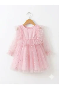 penu baby kids Pink Long Tulle Sleeve Star Patterned Ruffle Sleeve Baby Girl Dress - Image 3