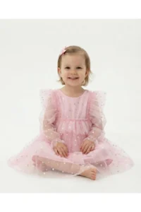 penu baby kids Pink Long Tulle Sleeve Star Patterned Ruffle Sleeve Baby Girl Dress - Image 4