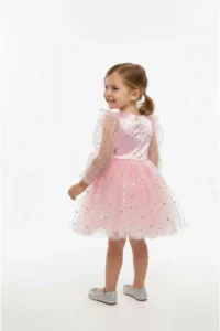 penu baby kids Pink Long Tulle Sleeve Star Patterned Ruffle Sleeve Baby Girl Dress - Image 5