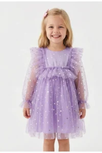 penu baby kids Lilac Long Tulle Sleeve Star Patterned Ruffle Sleeve Baby Girl Dress