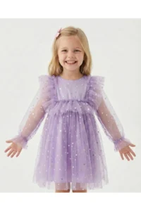 penu baby kids Lilac Long Tulle Sleeve Star Patterned Ruffle Sleeve Baby Girl Dress - Image 2