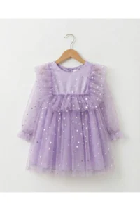 penu baby kids Lilac Long Tulle Sleeve Star Patterned Ruffle Sleeve Baby Girl Dress - Image 3