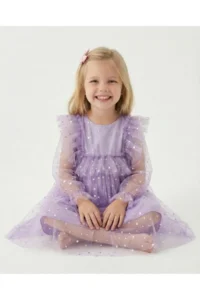 penu baby kids Lilac Long Tulle Sleeve Star Patterned Ruffle Sleeve Baby Girl Dress - Image 4
