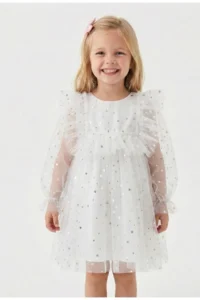 penu baby kids White Long Tulle Sleeve Star Patterned Ruffle Sleeve Baby Girl Dress