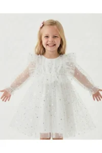 penu baby kids White Long Tulle Sleeve Star Patterned Ruffle Sleeve Baby Girl Dress - Image 2