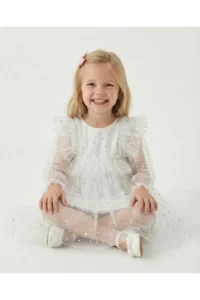 penu baby kids White Long Tulle Sleeve Star Patterned Ruffle Sleeve Baby Girl Dress - Image 3
