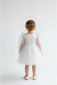 penu baby kids White Long Tulle Sleeve Star Patterned Ruffle Sleeve Baby Girl Dress - Image 4