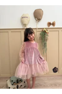 penu baby kids Powder Ruffled Hem Long Ruffle Tulle Sleeve Velvet Fabric Girls' Dress - Image 2