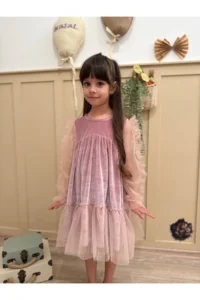 penu baby kids Powder Ruffled Hem Long Ruffle Tulle Sleeve Velvet Fabric Girls' Dress - Image 3