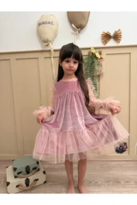penu baby kids Powder Ruffled Hem Long Ruffle Tulle Sleeve Velvet Fabric Girls' Dress - Image 4
