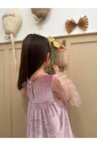 penu baby kids Powder Ruffled Hem Long Ruffle Tulle Sleeve Velvet Fabric Girls' Dress - Image 6