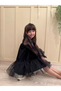 penu baby kids Black Frilled Hem Long Ruffle Tulle Sleeve Velvet Fabric Girls' Baby Girl Dress - Image 2
