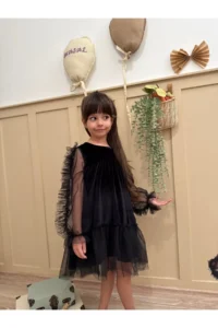 penu baby kids Black Frilled Hem Long Ruffle Tulle Sleeve Velvet Fabric Girls' Baby Girl Dress - Image 3