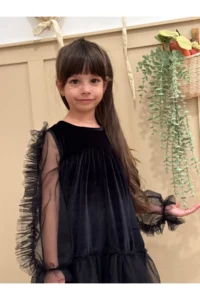 penu baby kids Black Frilled Hem Long Ruffle Tulle Sleeve Velvet Fabric Girls' Baby Girl Dress - Image 4