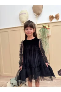 penu baby kids Black Frilled Hem Long Ruffle Tulle Sleeve Velvet Fabric Girls' Baby Girl Dress - Image 5