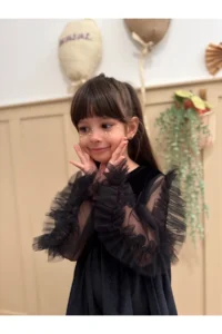 penu baby kids Black Frilled Hem Long Ruffle Tulle Sleeve Velvet Fabric Girls' Baby Girl Dress - Image 6