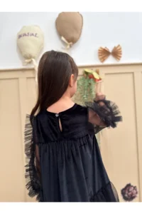 penu baby kids Black Frilled Hem Long Ruffle Tulle Sleeve Velvet Fabric Girls' Baby Girl Dress - Image 7