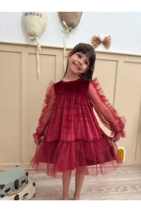 penu baby kids Burgundy Hem Long Ruffle Tulle Sleeve Velvet Fabric Girl's Baby Girl Dress - Image 3