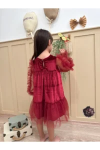 penu baby kids Burgundy Hem Long Ruffle Tulle Sleeve Velvet Fabric Girl's Baby Girl Dress - Image 6