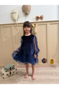 penu baby kids Navy Blue Ruffled Hem Long Ruffle Tulle Sleeve Velvet Fabric Girls' Baby Girl Dress - Image 2