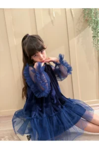 penu baby kids Navy Blue Ruffled Hem Long Ruffle Tulle Sleeve Velvet Fabric Girls' Baby Girl Dress - Image 3