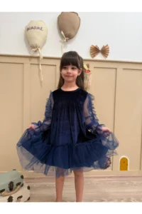 penu baby kids Navy Blue Ruffled Hem Long Ruffle Tulle Sleeve Velvet Fabric Girls' Baby Girl Dress - Image 4