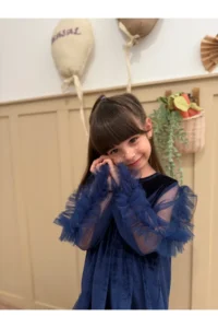 penu baby kids Navy Blue Ruffled Hem Long Ruffle Tulle Sleeve Velvet Fabric Girls' Baby Girl Dress - Image 5