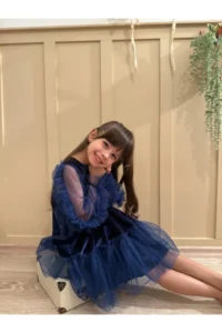 penu baby kids Navy Blue Ruffled Hem Long Ruffle Tulle Sleeve Velvet Fabric Girls' Baby Girl Dress - Image 6