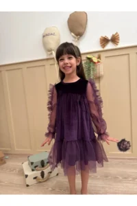 penu baby kids Purple Ruffled Hem Long Ruffle Tulle Sleeve Velvet Fabric Girls' Baby Girl Dress