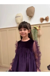 penu baby kids Purple Ruffled Hem Long Ruffle Tulle Sleeve Velvet Fabric Girls' Baby Girl Dress - Image 2