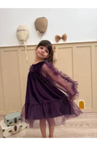 penu baby kids Purple Ruffled Hem Long Ruffle Tulle Sleeve Velvet Fabric Girls' Baby Girl Dress - Image 3