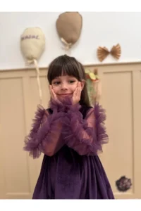 penu baby kids Purple Ruffled Hem Long Ruffle Tulle Sleeve Velvet Fabric Girls' Baby Girl Dress - Image 4