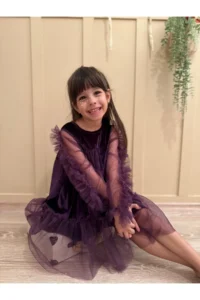 penu baby kids Purple Ruffled Hem Long Ruffle Tulle Sleeve Velvet Fabric Girls' Baby Girl Dress - Image 5