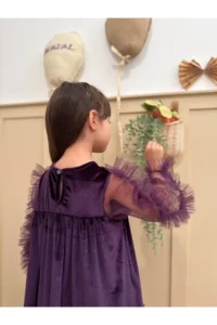 penu baby kids Purple Ruffled Hem Long Ruffle Tulle Sleeve Velvet Fabric Girls' Baby Girl Dress - Image 6