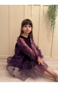 penu baby kids Purple Ruffled Hem Long Ruffle Tulle Sleeve Velvet Fabric Girls' Baby Girl Dress - Image 7