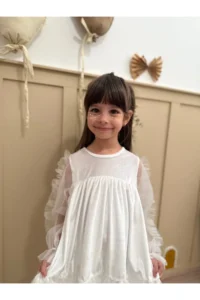 penu baby kids White Ruffled Hem Long Ruffle Tulle Sleeve Velvet Fabric Girls' Baby Girl Dress - Image 2