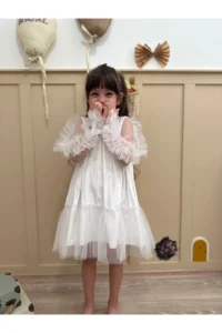 penu baby kids White Ruffled Hem Long Ruffle Tulle Sleeve Velvet Fabric Girls' Baby Girl Dress - Image 3
