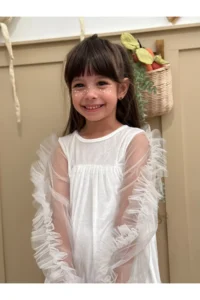 penu baby kids White Ruffled Hem Long Ruffle Tulle Sleeve Velvet Fabric Girls' Baby Girl Dress - Image 4