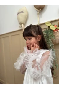 penu baby kids White Ruffled Hem Long Ruffle Tulle Sleeve Velvet Fabric Girls' Baby Girl Dress - Image 5